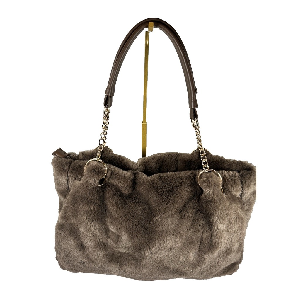 Expressions NYC Faux Fur Tote Bag Brown Plush Chain Shoulder Vegan Handbag